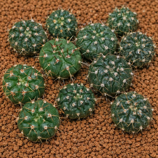 ギムノカリキウム・ヘニシー 小さく丸い緑色のサボテン 茶色い土の上に鋭い茶色のトゲ