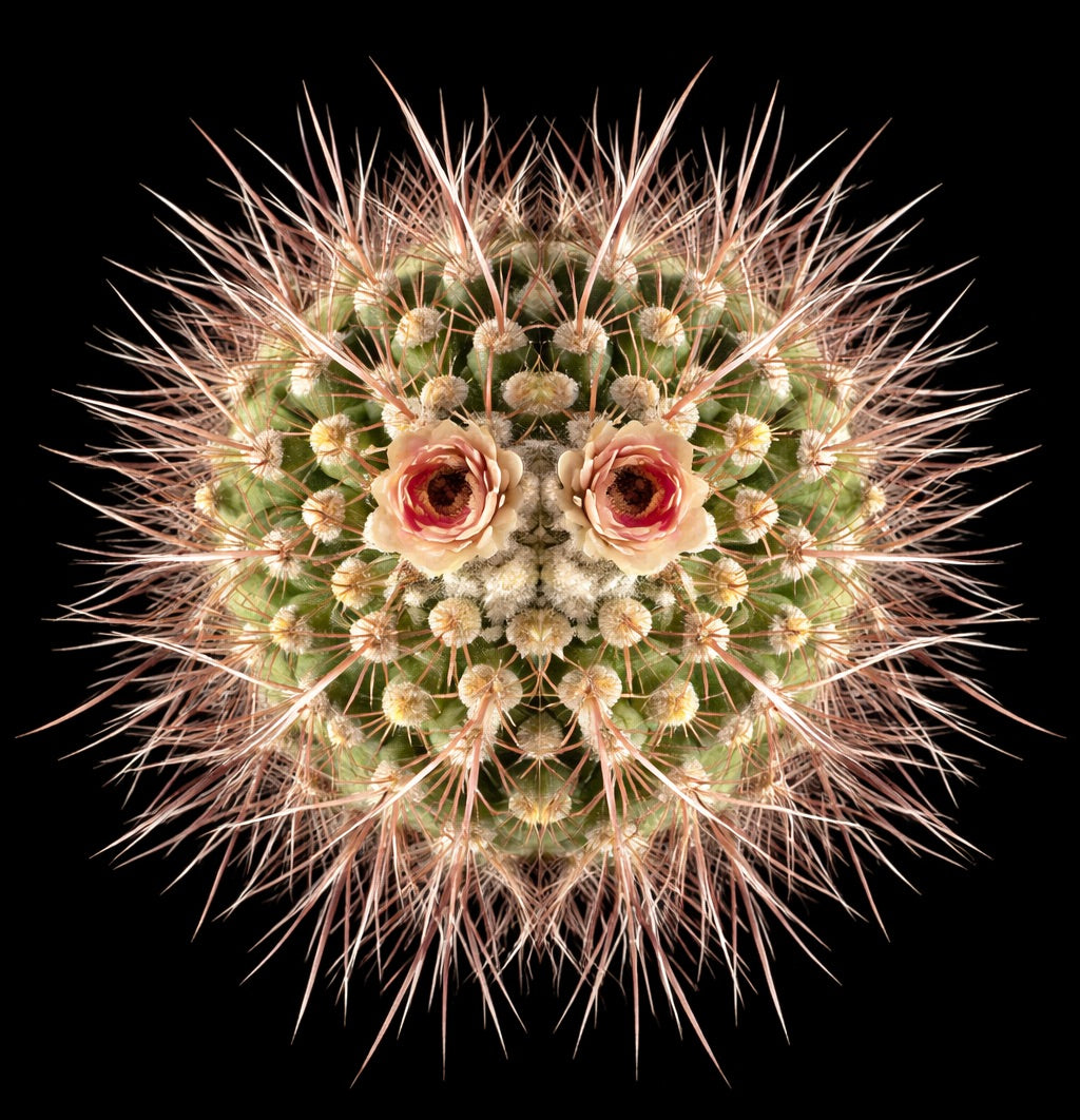 密集した長い棘と繊細なピンクの花が咲くジムノカリシウム・ミラレシー多肉植物