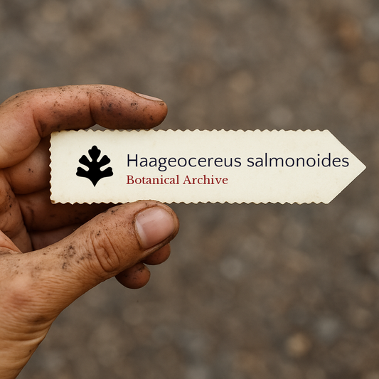 Printed plant label for Haageocereus salmonoides held by dirty hand outdoors