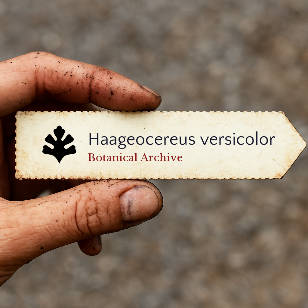 Vintage botanical archive label for Haageocereus versicolor held by dirty hand