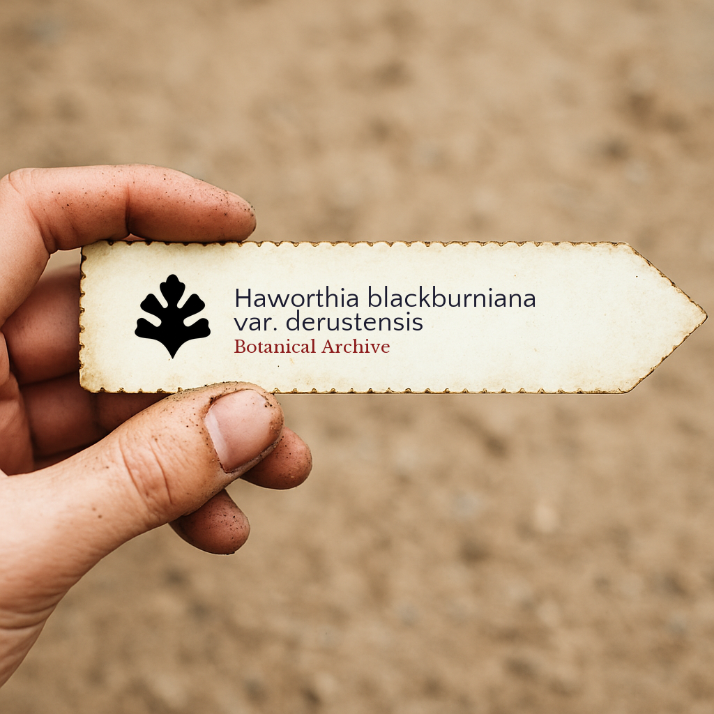Håndholdt vintage plantelapp for Haworthia blackburniana var. derustensis med Botanical Archive-logo