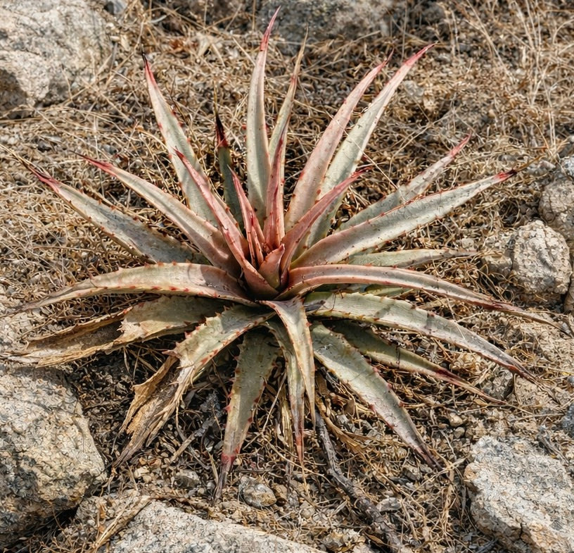 Hechtia sp sukkulent med tornete, avlange blader og rødaktige spisser i steinete jord