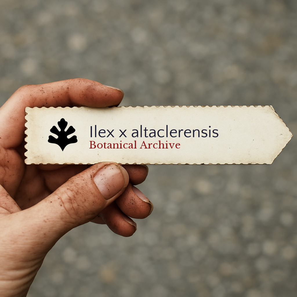 Printed plant label for Ilex x altaclerensis held by hand with dirt under nails