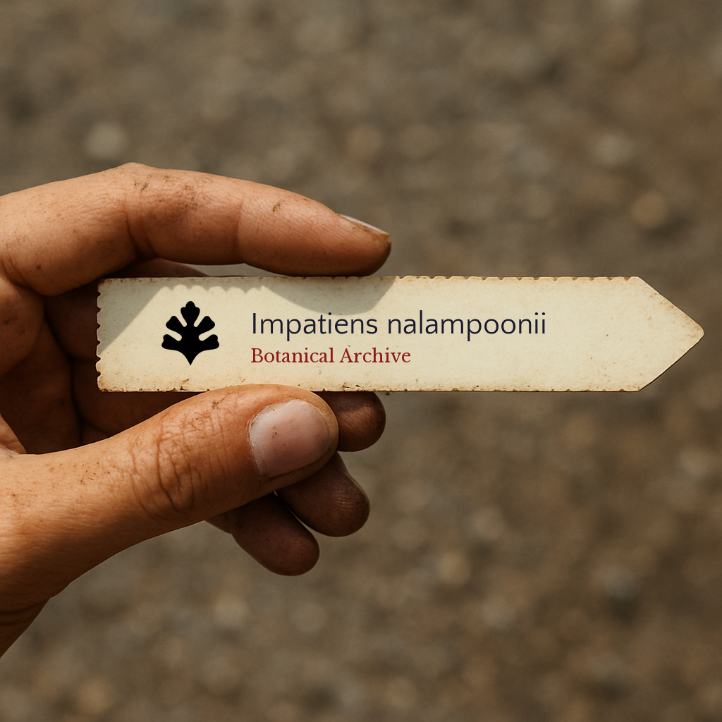 Printed plant label for Impatiens nalampoonii held by hand with dirt background