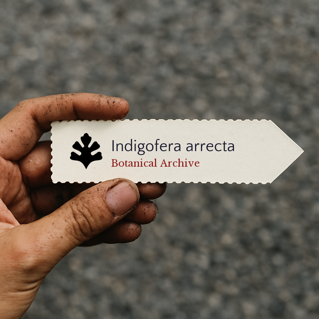 Printed plant label for Indigofera arrecta held by dirty hand with arrow shape