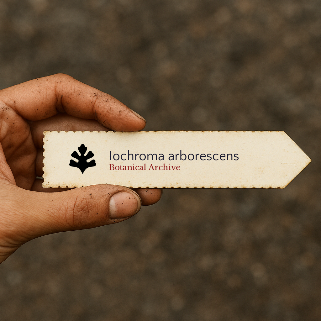 Handheld vintage botanical archive plant label for Iochroma arborescens with leaf icon