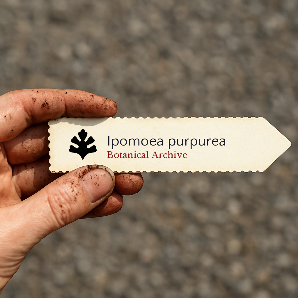 Printed plant label for Ipomoea purpurea held by dirty hand outdoors