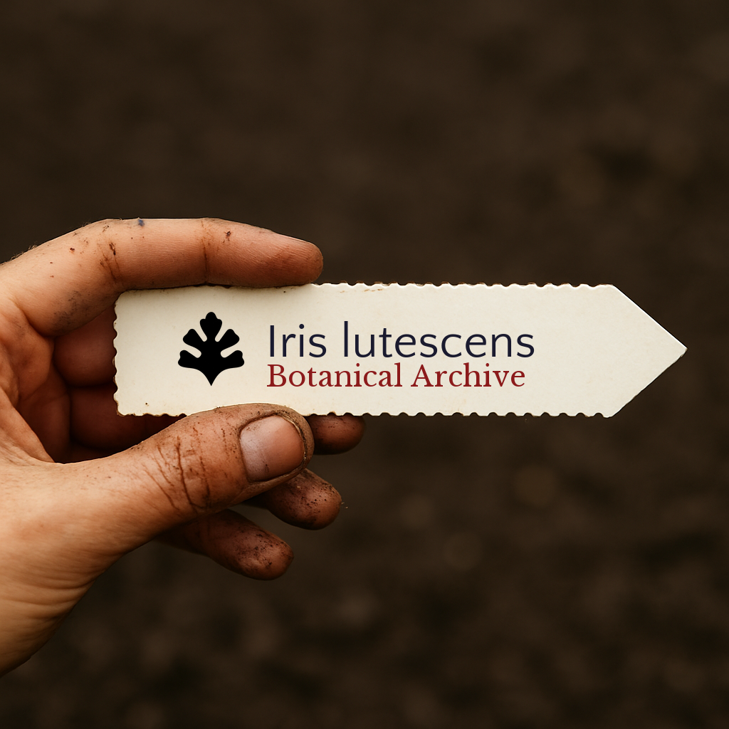 Printed plant label for Iris lutescens held by dirty hand over soil background