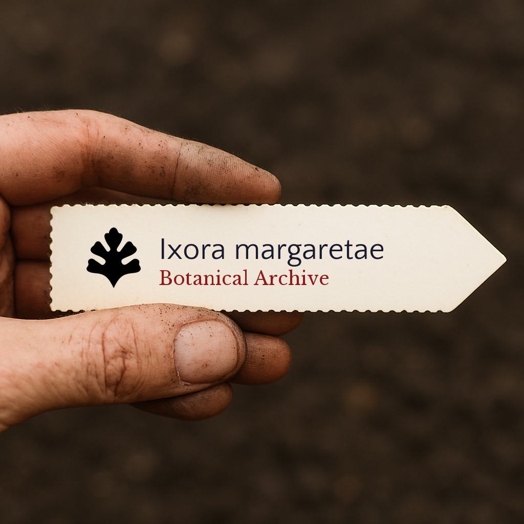 Plant label for Ixora margaretae Botanical Archive held by dirty hand against soil background