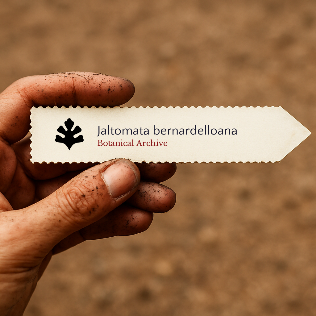 Etiqueta de planta impresa para Jaltomata bernardelloana sostenida por una mano sucia al aire libre