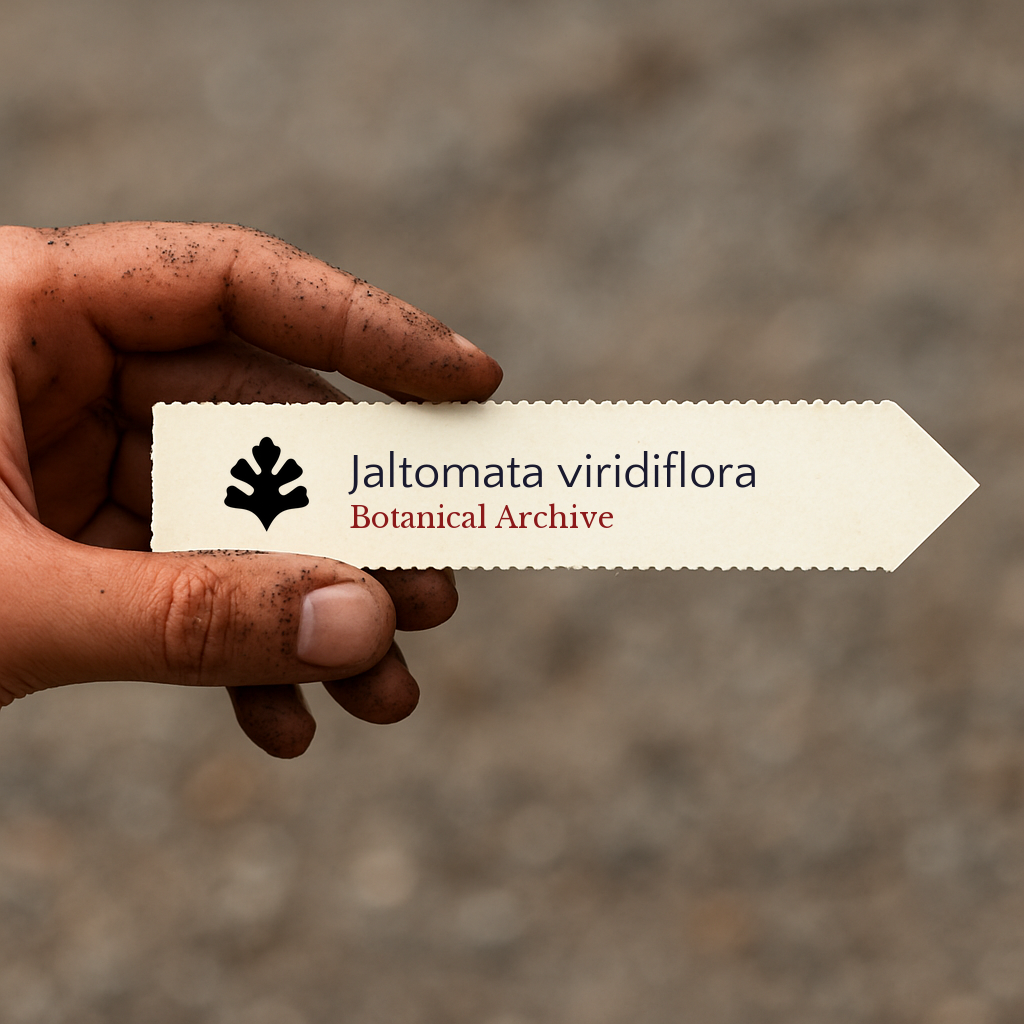 Printed plant label for Jaltomata viridiflora held by hand with soil on fingers