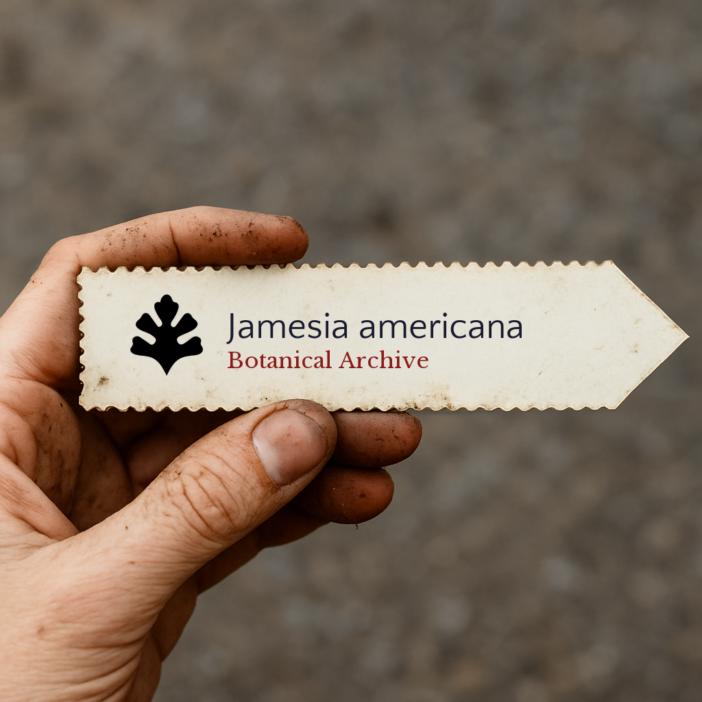 Printed plant label for Jamesia americana with botanical archive logo held in hand