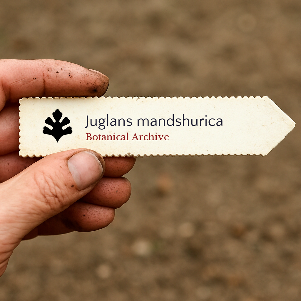 Printed plant label for Juglans mandshurica held by hand with soil background