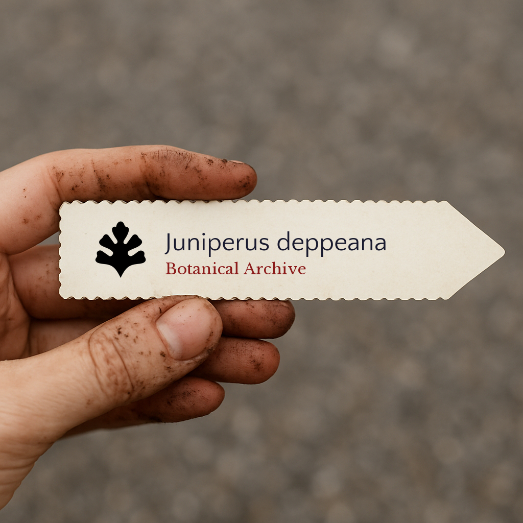 Printed plant label for Juniperus deppeana held by dirty hand outdoors