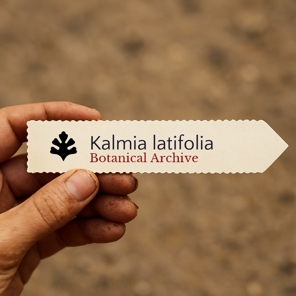 Printed plant label for Kalmia latifolia with botanical archive logo held by hand