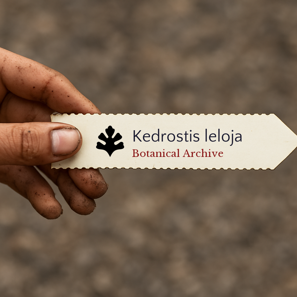 Printed plant label for Kedrostis leloja held by dirty hand outdoors