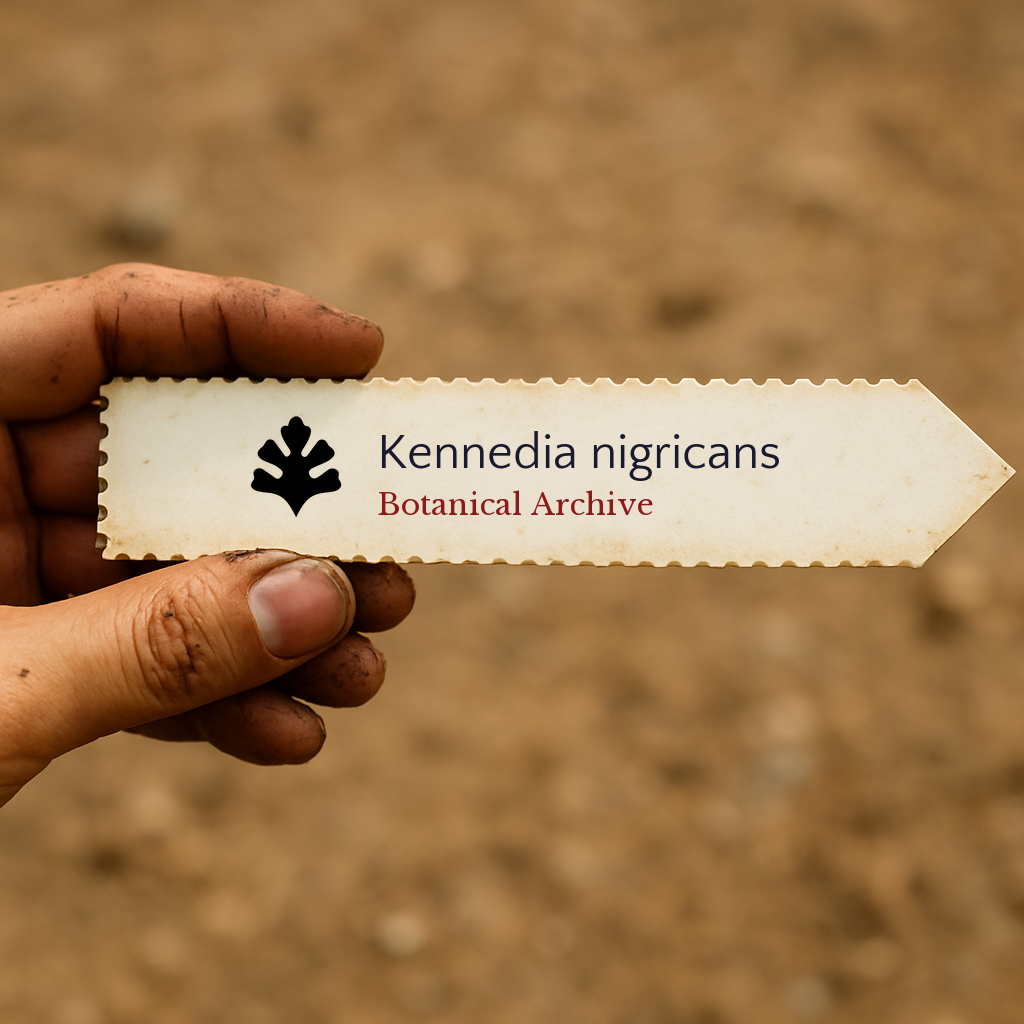Printed plant label for Kennedia nigricans held by hand with soil background