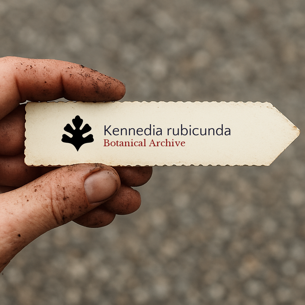 Printed plant label for Kennedia rubicunda held by dirty hand on blurred background