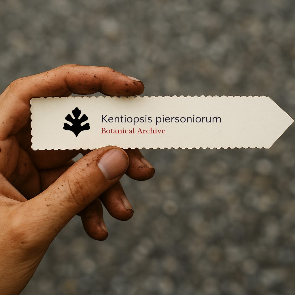 Printed plant label for Kentiopsis piersoniorum held by dirty hand outdoors