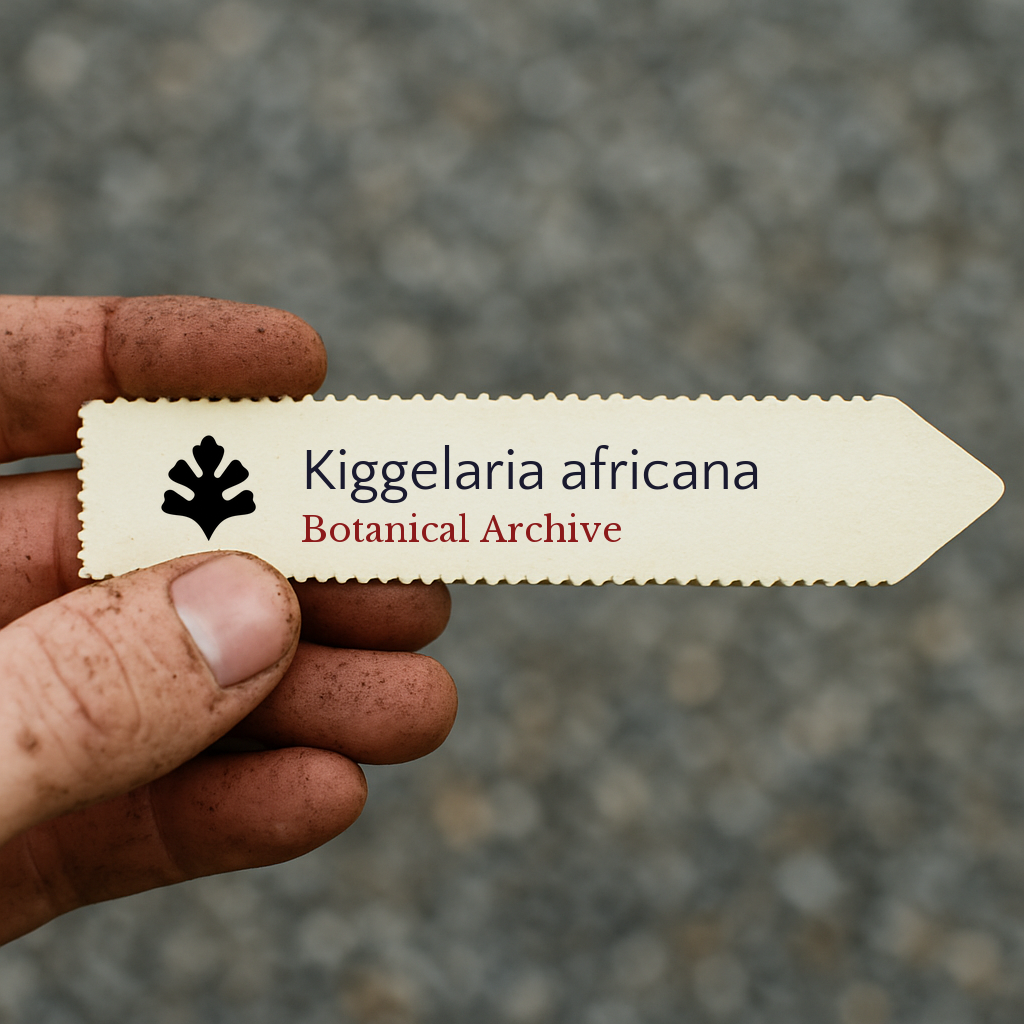 Printed plant label for Kiggelaria africana held by dirty hand outdoors