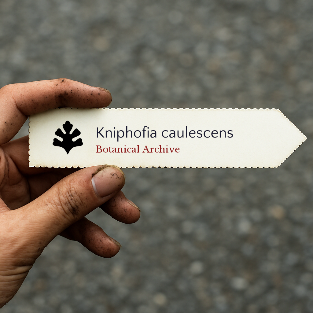 Printed plant label for Kniphofia caulescens held by hand with dirt on fingers