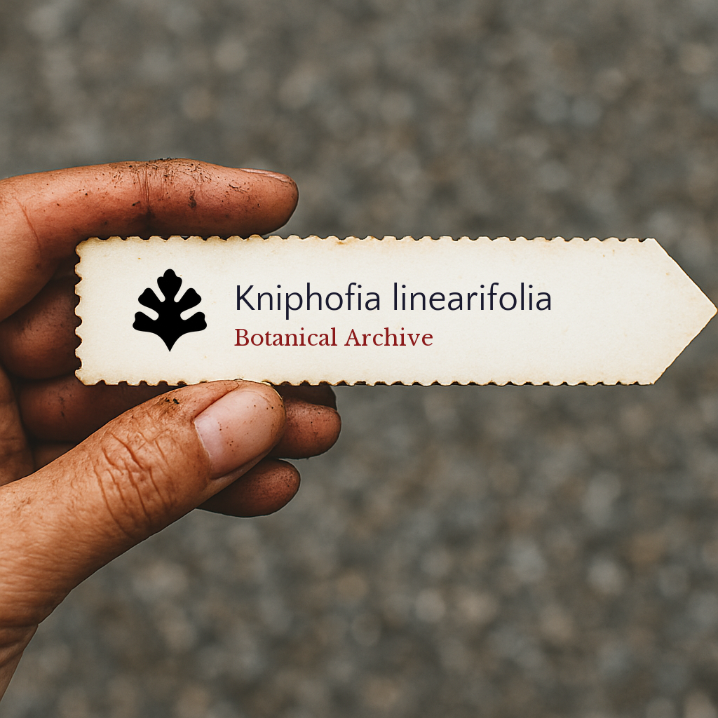 Printed plant label for Kniphofia linearifolia held by dirty hand with blurred background