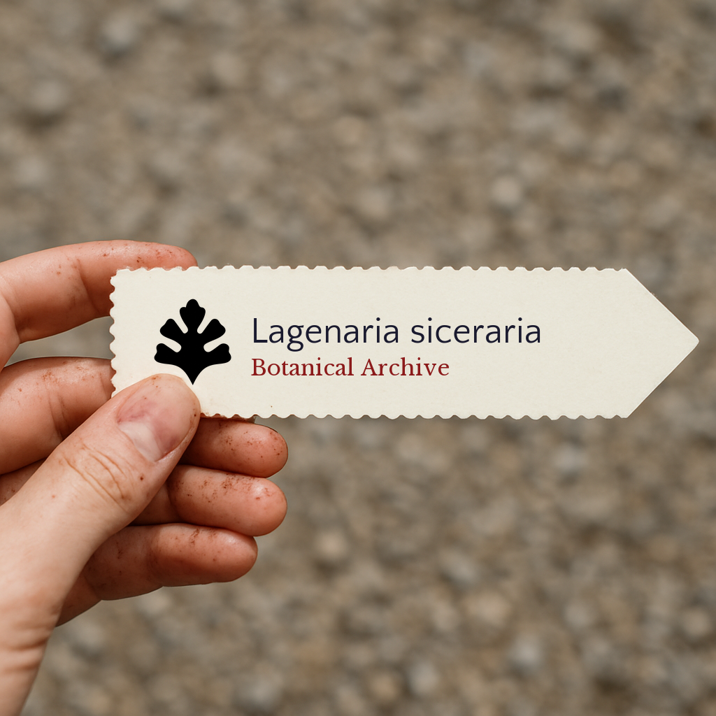 Printed plant label for Lagenaria siceraria with botanical archive logo held by hand
