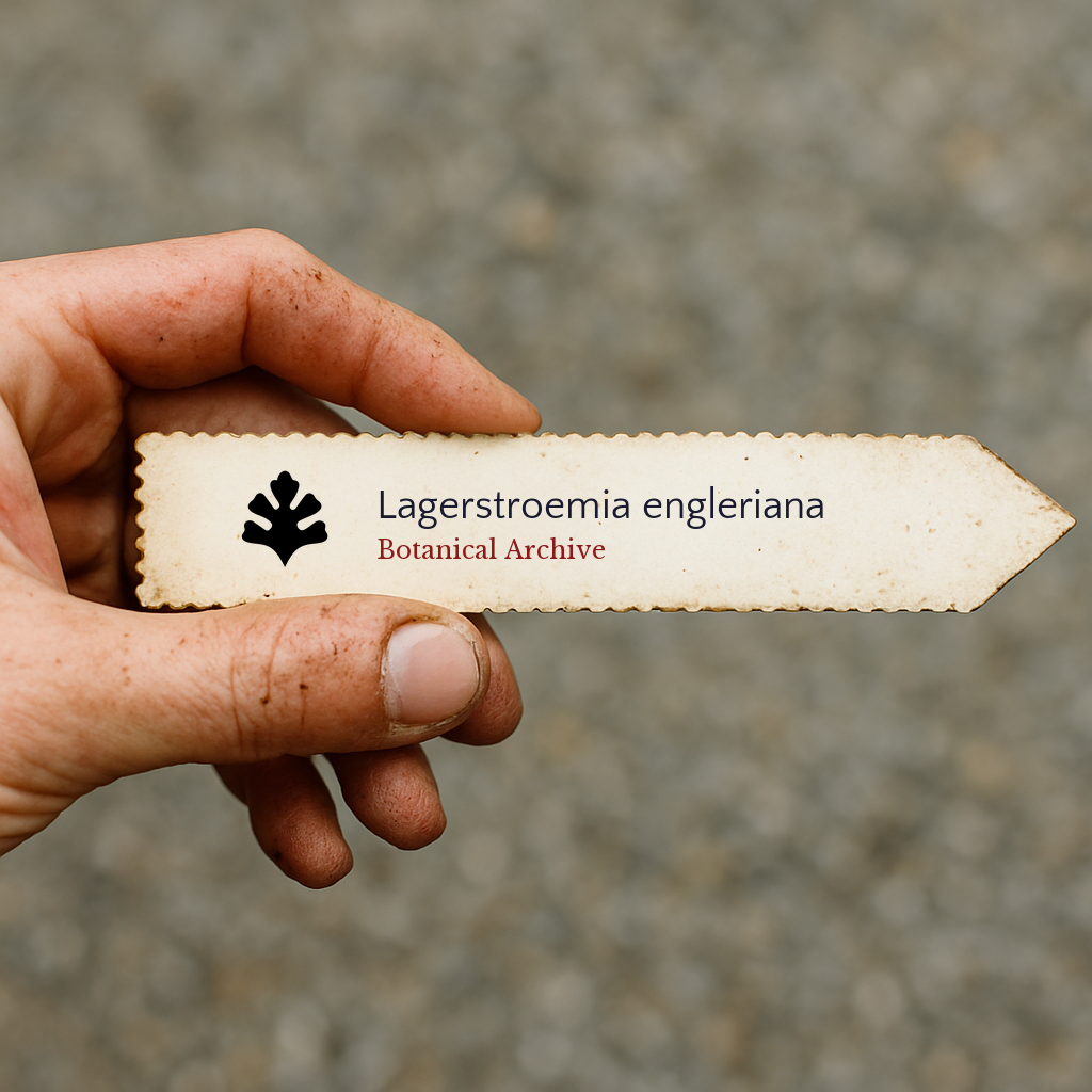 Bedrucktes Pflanzenetikett für Lagerstroemia engleriana, in der Hand gehalten mit Erde an den Fingern