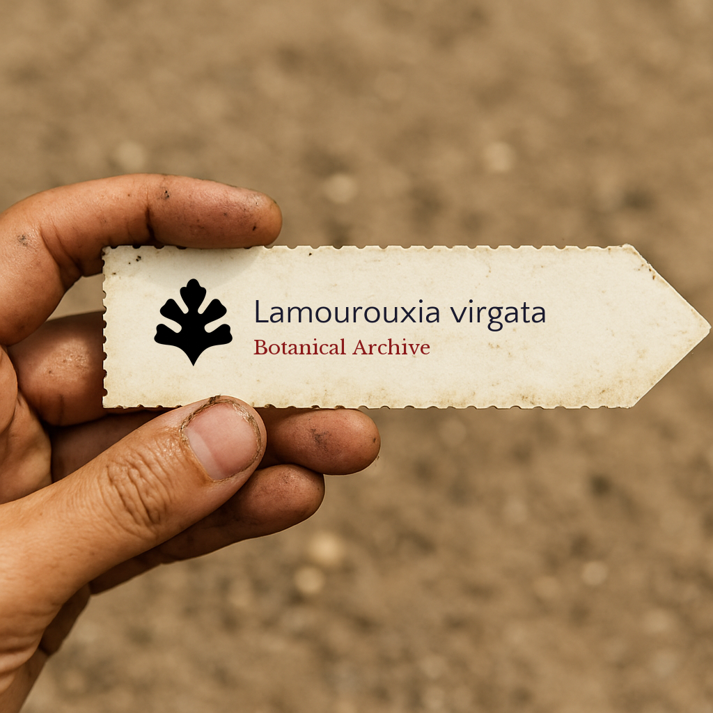 Printed plant label for Lamourouxia virgata held by hand over soil background