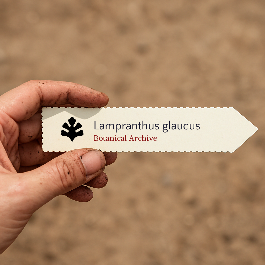 Printed plant label for Lampranthus glaucus held by hand with soil background