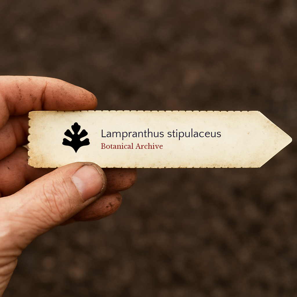 Printed plant label for Lampranthus stipulaceus held over soil background