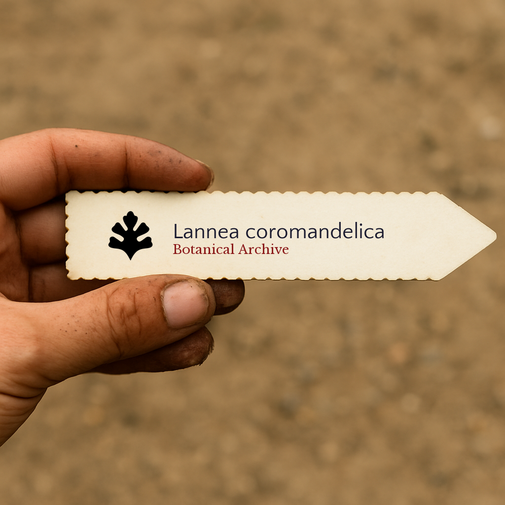 Printed plant label for Lannea coromandelica held by hand with dirt background