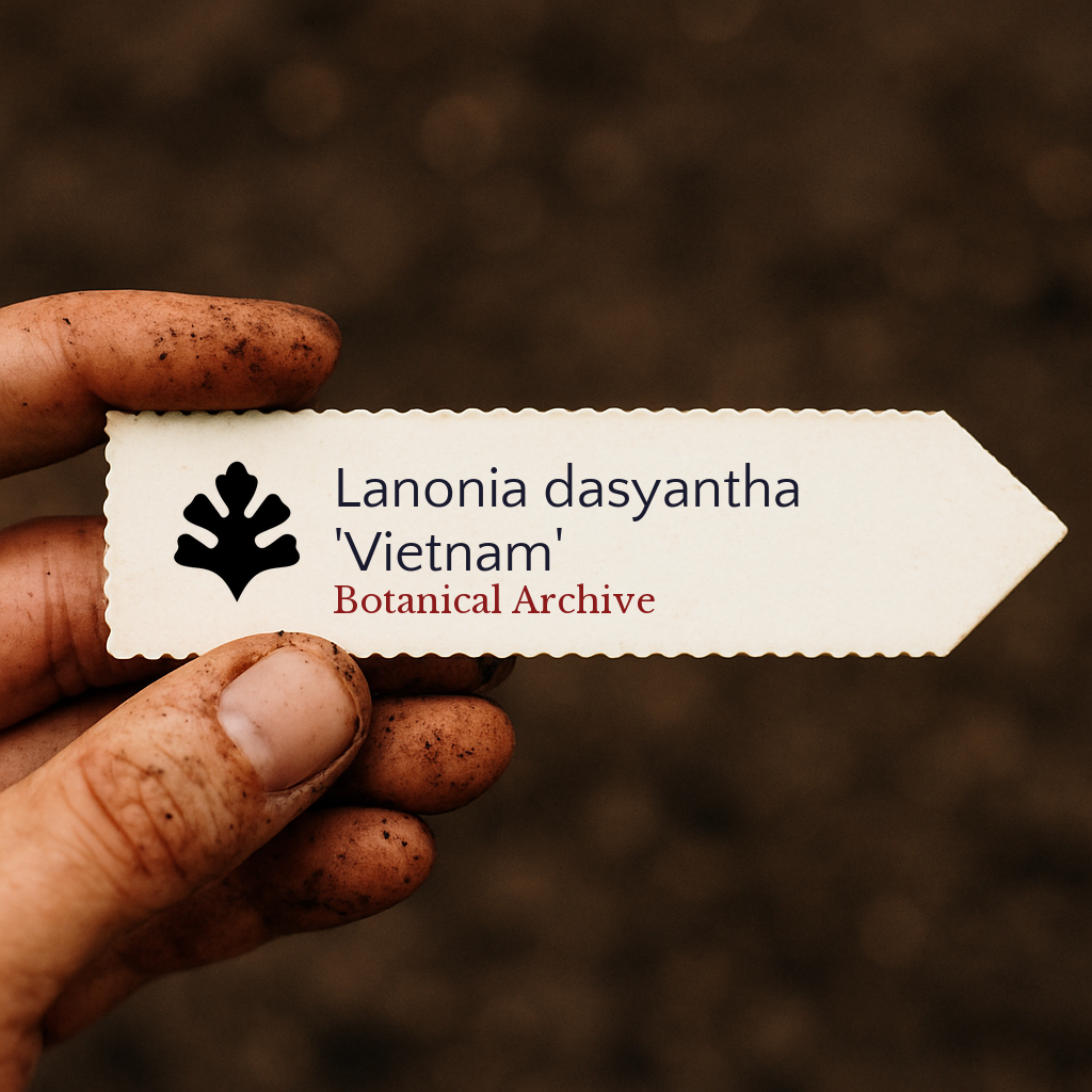 Printed plant label for Lanonia dasyantha 'Vietnam' held by dirty hand on soil background