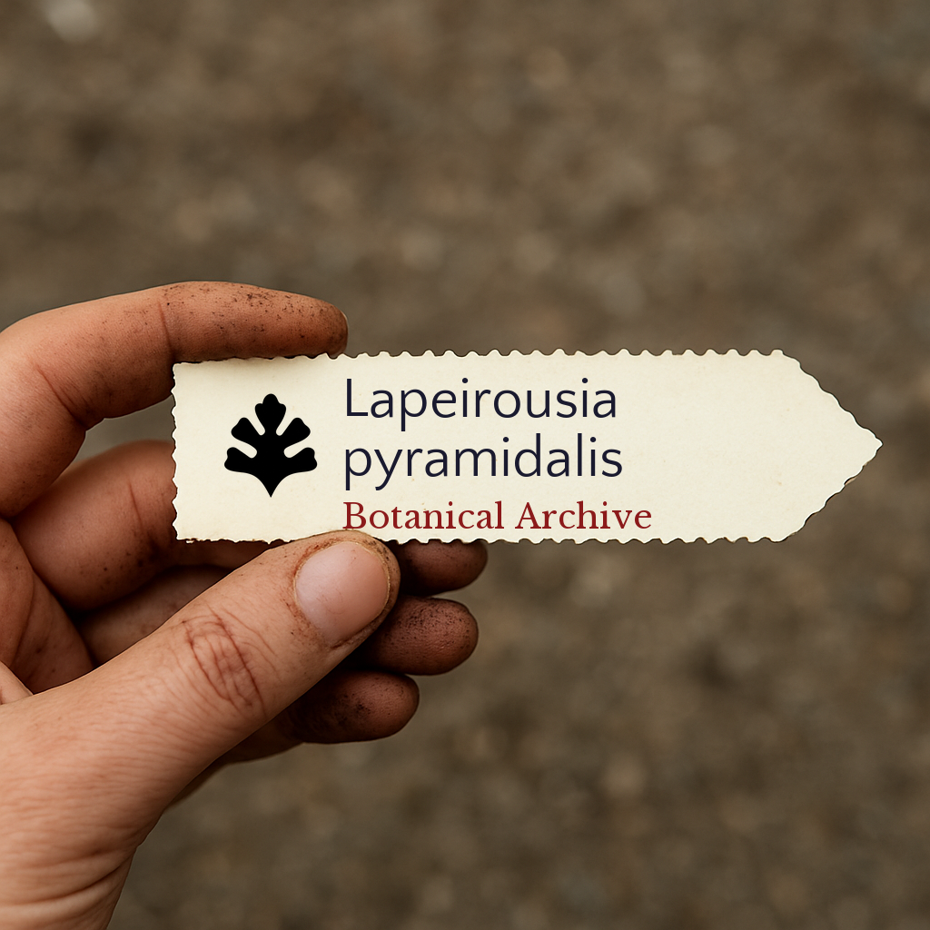 Printed plant label for Lapeirousia pyramidalis held by hand with soil background