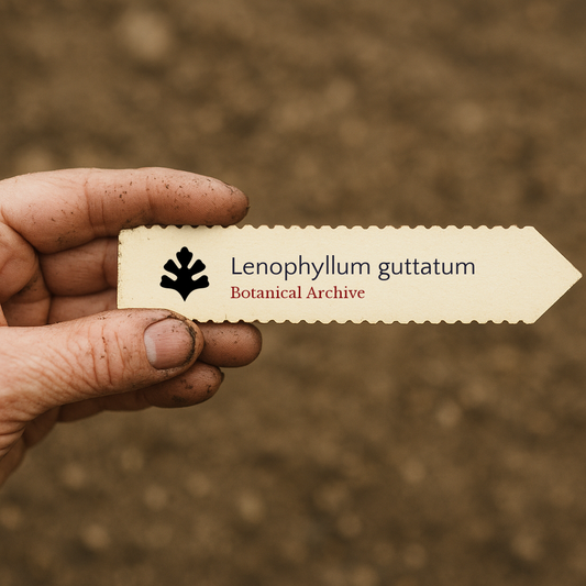 Printed plant label for Lenophyllum guttatum held by dirty hand over soil background