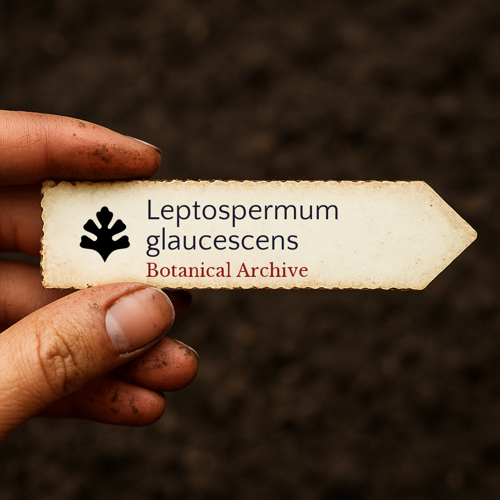 Gedrukt plantenlabel voor Leptospermum glaucescens vastgehouden door een vuile hand tegen een achtergrond van aarde