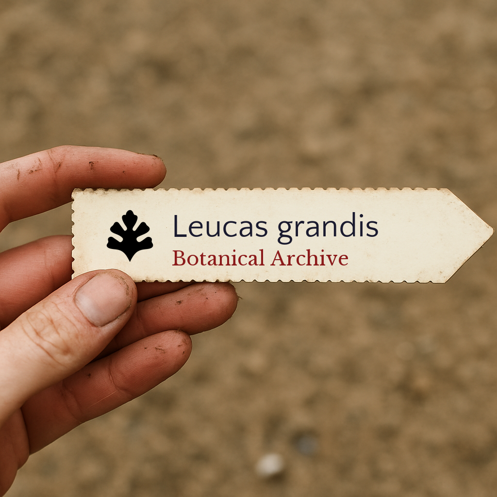 Étiquette végétale imprimée pour Leucas grandis tenue à la main avec un arrière-plan de terre