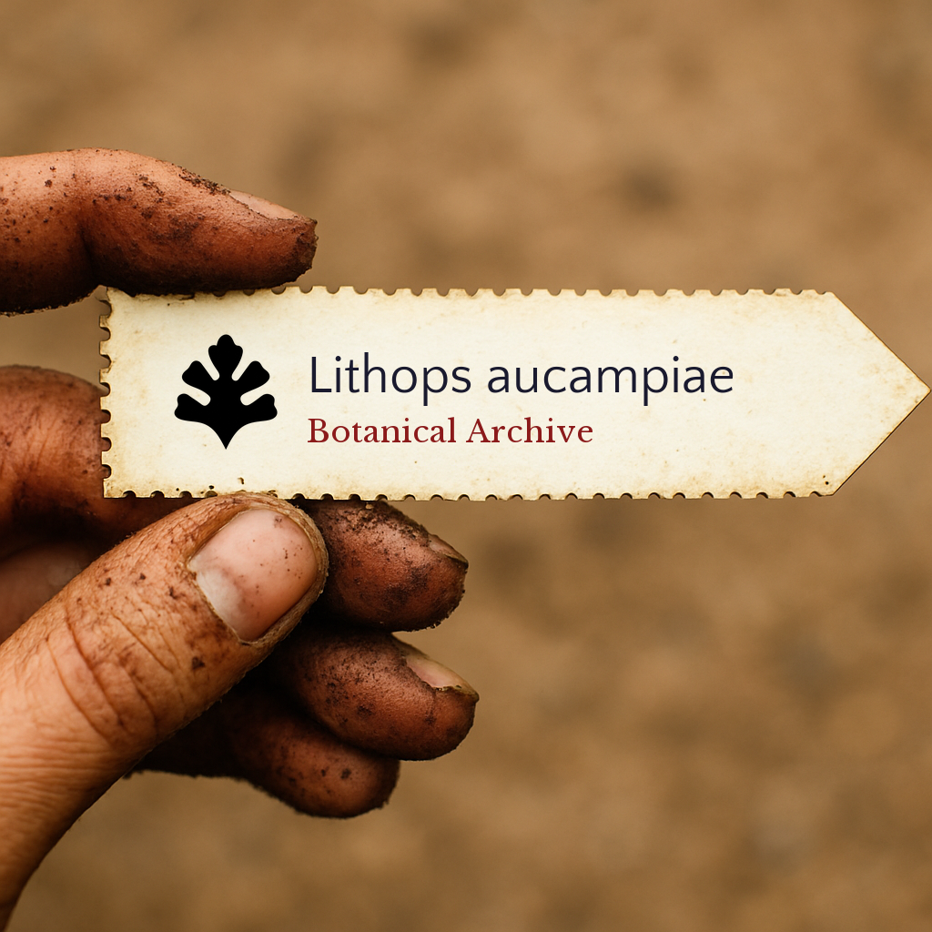 Etichetta per piante stampata per Lithops aucampiae tenuta da mano sporca contro sfondo di terreno