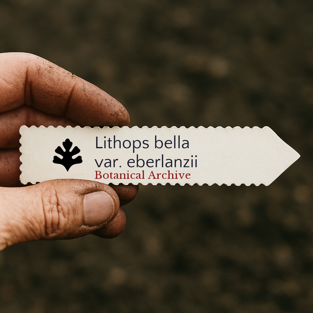 Etichetta stampata per pianta Lithops bella var. eberlanzii tenuta da una mano sporca su sfondo di terra