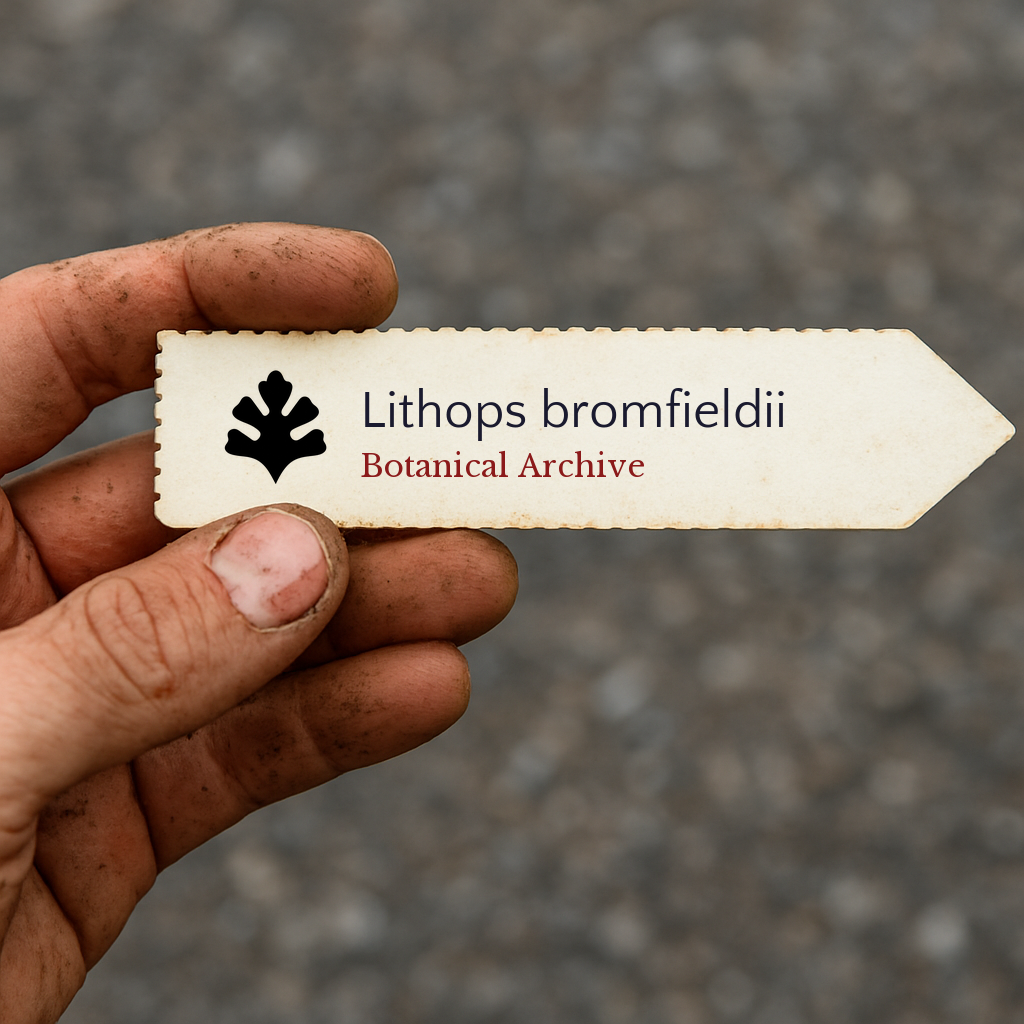 Etichetta della pianta per Lithops bromfieldii con il logo Botanical Archive tenuta da una mano sporca