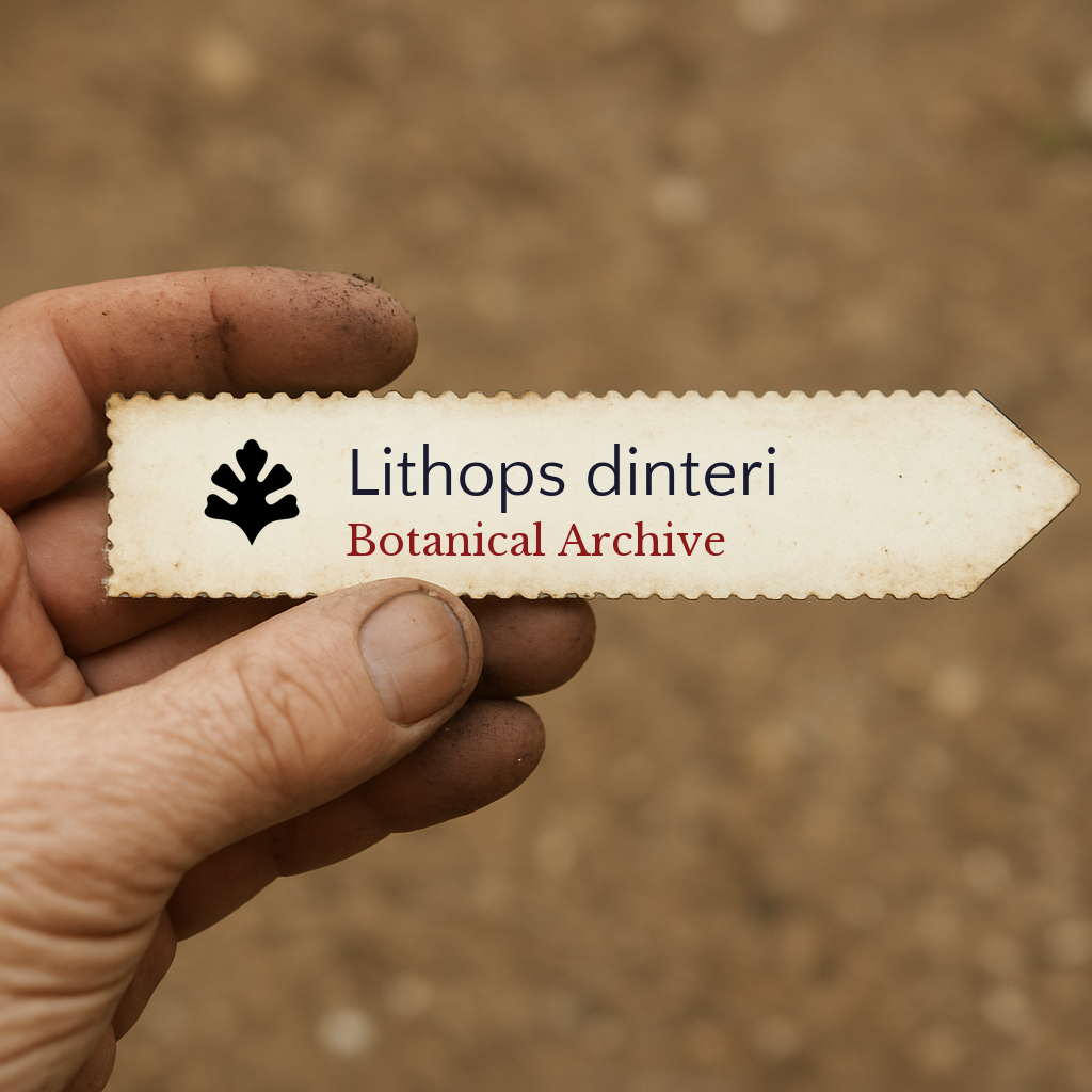 Etichetta della pianta stampata per Lithops dinteri tenuta in mano con sfondo di terreno