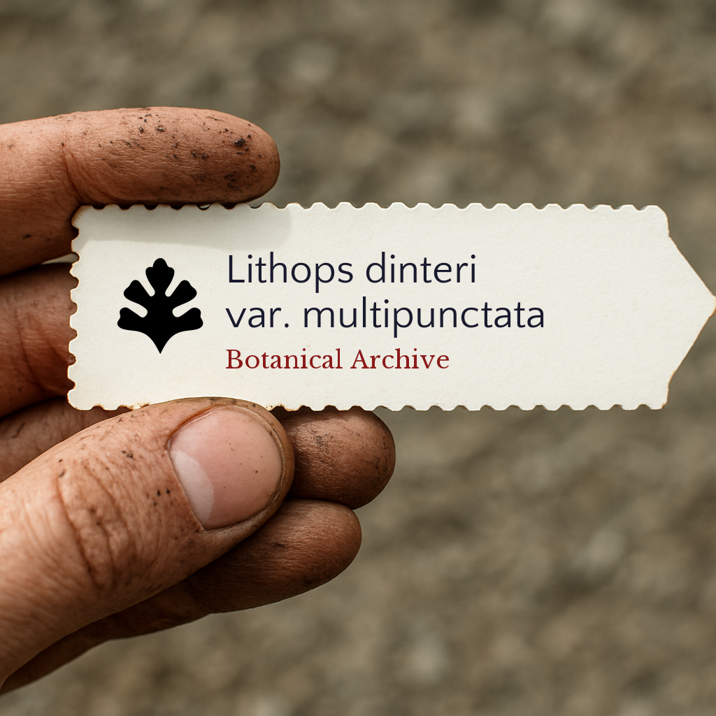 Etichetta per pianta stampata per Lithops dinteri var. multipunctata tenuta da mano sporca