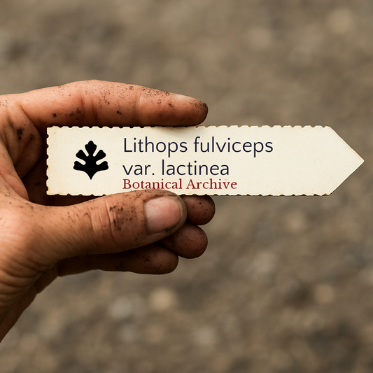 بطاقة نبات مطبوعة لـ Lithops fulviceps var. lactinea ممسوك بيد متسخة في الهواء الطلق