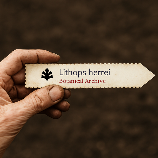 Etiqueta impresa para planta Lithops herrei sostenida a mano con fondo desenfocado de tierra