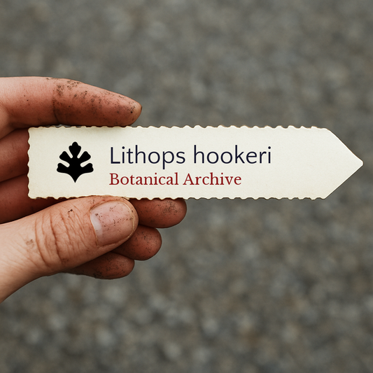Etichetta per pianta stampata per Lithops hookeri tenuta da una mano sporca all'aperto