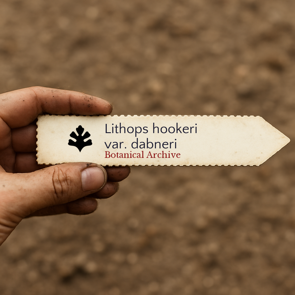 Etichetta stampata per pianta Lithops hookeri var. dabneri su sfondo di terreno