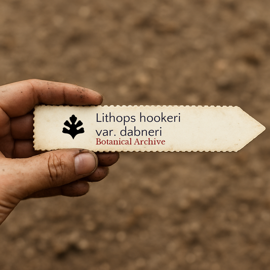 Etichetta stampata per pianta Lithops hookeri var. dabneri su sfondo di terreno