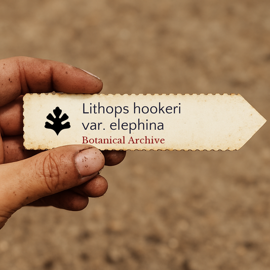 Etichetta per pianta stampata per Lithops hookeri var. elephina tenuta in mano con sfondo di terra