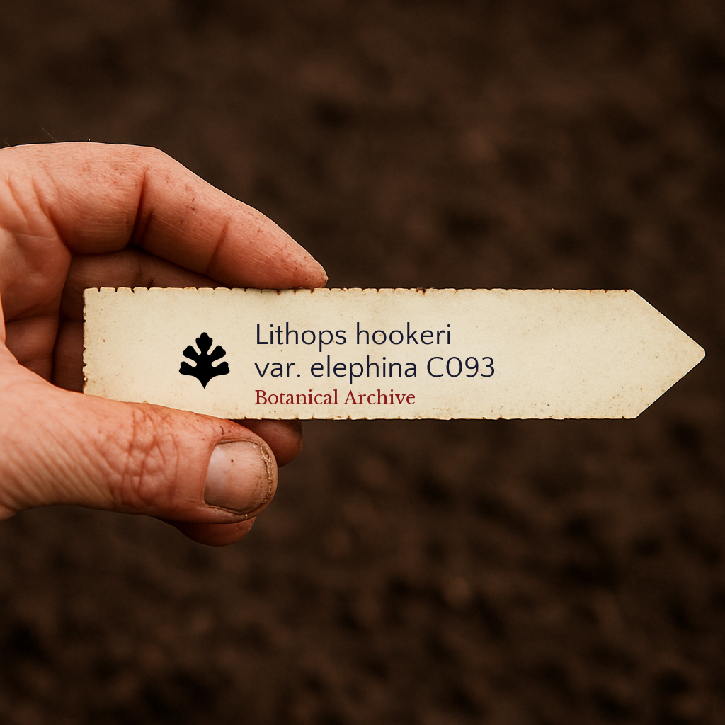 Etichetta stampata per pianta Lithops hookeri var. elephina C093 su sfondo di terra