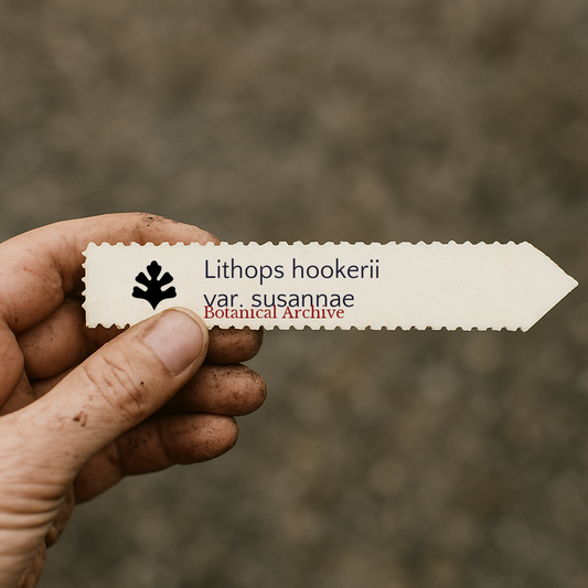Etichetta per pianta di Lithops hookerii var. susannae con logo Botanical Archive in mano